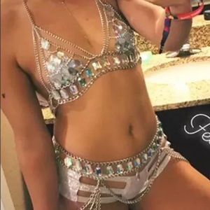 Rave bra crystal chain harness top festival gold rhinestone iridescent hologram